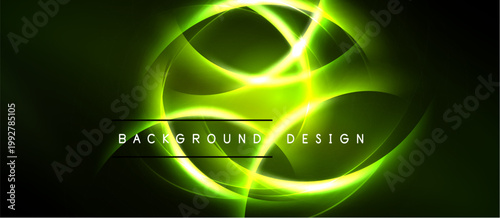 Bright neon swirls form abstract design over black backdrop. Text reads background design. Vivid green glows radiate outward.