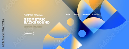 Abstract geometric background design. Vibrant colors blend, creating modern visual experience. Website header with navigation options present.