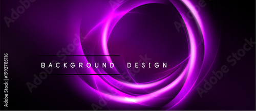 Dark purple background features glowing circular lines. Minimalist design with text background design below curves. Modern, abstract aesthetic.