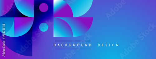 Abstract geometric shapes create vibrant background. Blue, purple hues dominate design, offering modern aesthetic. Text reads background design.
