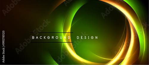 Abstract neon circles, vibrant green, gold hues. Dark background creates dramatic visual effect. Modern design element.