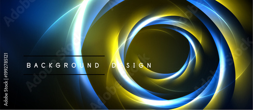 Abstract swirls, vibrant blue, gold hues create dynamic background. Modern design evokes energy, motion, depth.