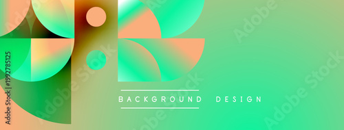 Abstract geometric shapes blend vibrant green, orange hues. Modern design features gradient transitions, clean lines, text overlay.