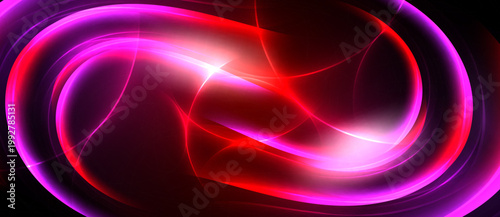 Abstract swirls, vibrant pinks, reds dominate. Bright light emanates from center, creating dynamic energy. Dark background enhances luminosity.