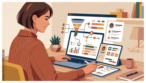 woman working on laptop with graphs.