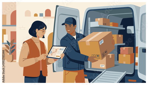 Delivery personnel loading packages into van.