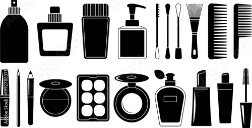 Cosmetics Makeup Icons Set Beauty Products Silhouette Perfume Lipstick Brush Illustration