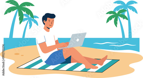 Man works on laptop at beach with palm trees nearby relaxed