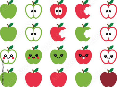 Large Collection of Red and Green Apple Vector Icons Featuring Whole Slices Halves and Cute Kawaii Character Faces Isolated