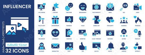Influencer and Content creator icon set. Video editing, content strategy, youtuber, blogger, monetization, podcast, live streaming, social network, subscribe and more. Solid vector icons collection.