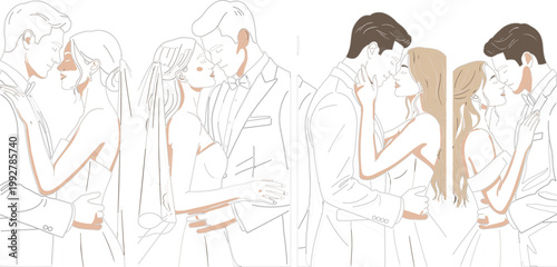 Romantic wedding couples vector illustration set, bride and groom embracing and kissing in elegant line art style with soft colors isolated on white background