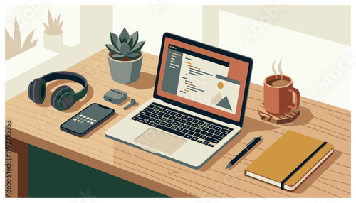 A laptop on a desk with office supplies.