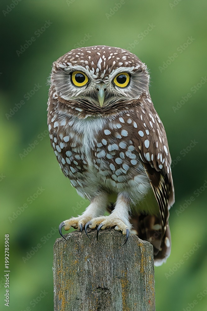 Obraz premium Small spotted owl perched on a weathered wooden post with intense yellow eyes and an alert, watchful expression against a soft green background