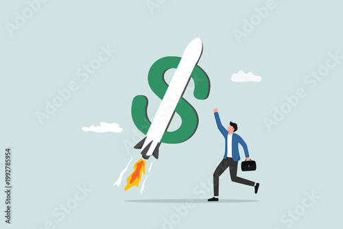 Increasing business profits, the concept of increasing investment income, happy businessman company owner or investor with dollar sign launching booster rocket high into the sky.