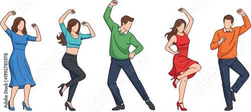 People dancing vector illustration set, men and women in energetic dance poses wearing casual and elegant outfits isolated on white background celebration concept