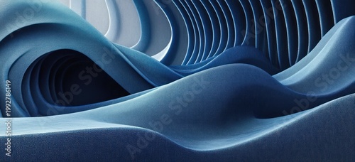 serene blue undulating fabric-like waves and ribbed arches forming a calming abstract tunnel interior
