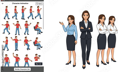 Business character animation vector set, office workers in different poses and gestures with walking sequence and professional women isolated on white background