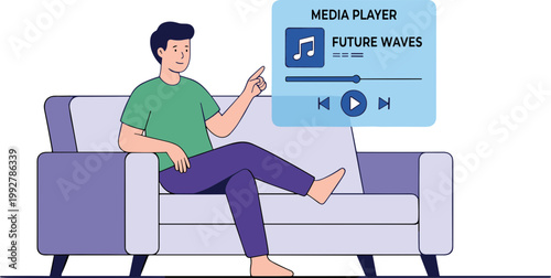 Man relaxing on couch with laptop and media player in hand