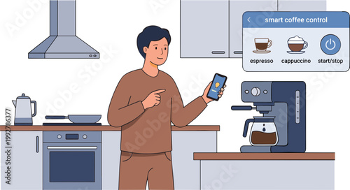 Man controls smart coffee maker with phone in modern kitchen interior