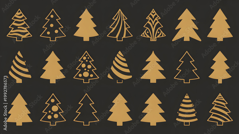 Obraz premium Collection of stylized golden Christmas trees on a dark background vector graphic