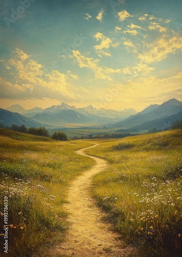winding path through a wildflower meadow leading to distant misty mountains under a warm golden sky, calm and hopeful atmosphere