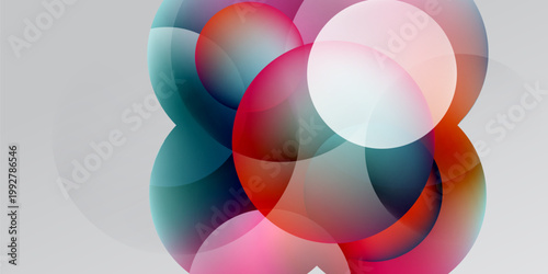 Abstract circles overlap, creating vibrant color blends. Soft gradients suggest depth, form dynamic composition. Minimalist design.