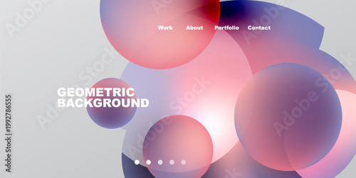 Abstract design features overlapping colorful spheres, gradients. Minimalist header includes navigation options. Background is soft gray, black.