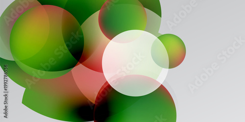 Abstract composition featuring overlapping circles. Green, red, white hues blend, creating dynamic visual effect against dark backdrop.