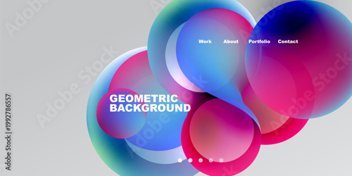 Abstract design features vibrant overlapping circles. Text includes work, about, portfolio, contact, geometric background. Gradient colors dominate composition.