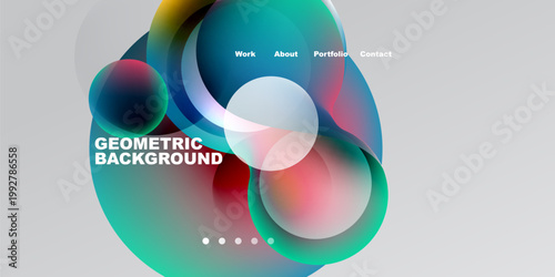Abstract design features overlapping colorful circles, gradients, text elements. Modern aesthetic suitable for website or presentation.
