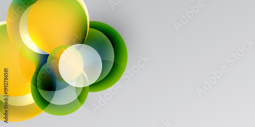 Abstract design features overlapping circles. Yellow, green hues blend with white, black background. Modern, dynamic composition.
