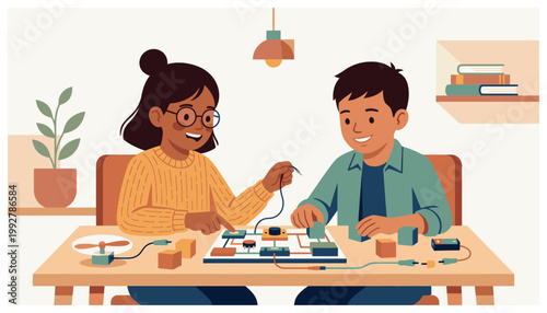 Two children playing with electronics at a table.