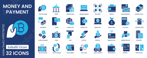 Payment and Money icon set. Containing money, tax, earnings, payment, accounting, paycheck, work, pension and wages icons. Business and finance payment. Solid icon collection. Vector illustration.