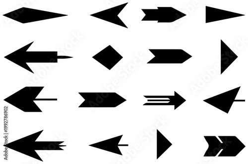Diverse collection of black arrow icons and abstract pointer shapes arranged in a grid symbolizing direction navigation and progress on a clean white background vector graphic