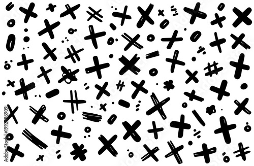 Hand drawn collection of diverse black cross and plus sign doodles scattered randomly across a clean white background representing a chaotic yet artistic abstract pattern ideal