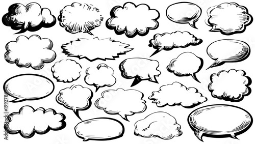 Collection of diverse hand drawn speech and thought bubbles in various shapes and styles isolated on a clean white background perfect for communication concepts and design