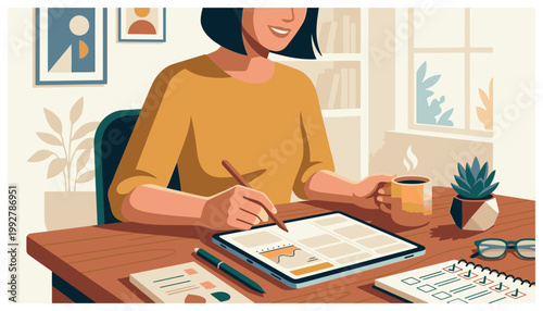 Woman working on digital tablet at desk.