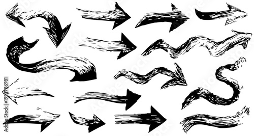 Collection of diverse hand drawn arrows with dynamic brush strokes representing direction movement and choice in a black and white graphic resource set