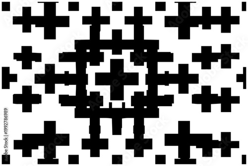 Abstract geometric pattern of interlocking thick crosshair shapes and small squares forming a symmetrical repeating design with a modern minimalist aesthetic on a clean white