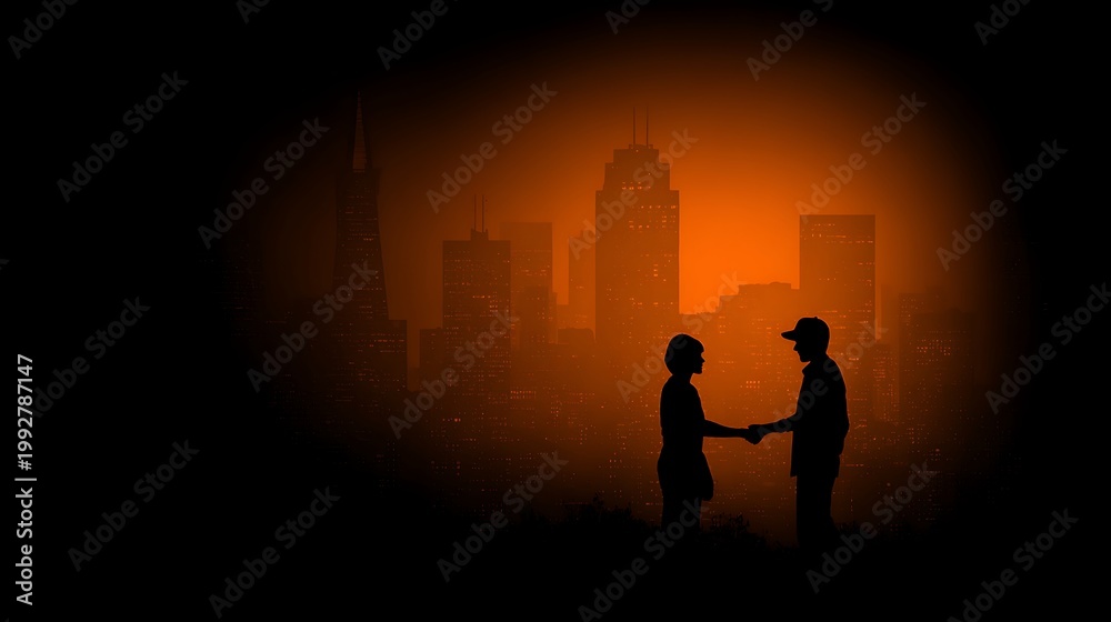 Fototapeta premium Two people silhouetted against a bright orange sunset with city skyline couple