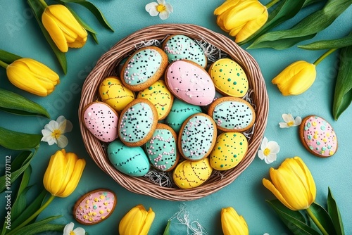 Basket of pastel egg-shaped iced cookies with sprinkles, surrounded by yellow tulips and white blossoms on a teal background, cheerful spring celebration