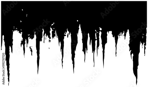 Abstract dark dripping shapes resembling melting icicles and stalactites against a stark white background evoking a sense of cold decay or frozen time in a minimalist graphic