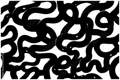 Abstract black thick intertwined snake and vine shapes creating a complex chaotic and organic pattern on a stark white background symbolizing entanglement and mystery