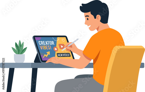 A man sitting at a table uses a stylus on a digital device with a plant nearby.