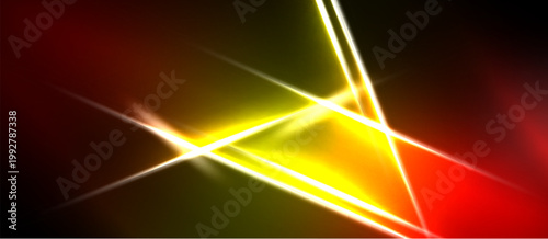 Bright yellow lines intersect over red, green gradients. Dramatic lighting creates abstract energy, visual impact. Minimalist design.