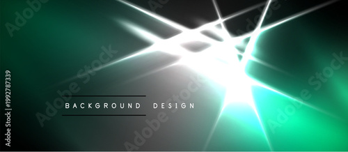 Abstract background features bright light rays radiating from center. Teal gradient blends into dark shades. Modern design element.