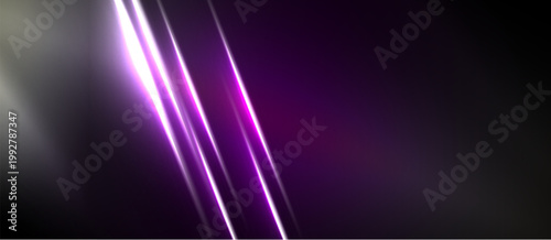 Abstract background features vibrant purple light streaks, gradients, dark space. Minimalist design evokes energy, motion, futuristic feel.