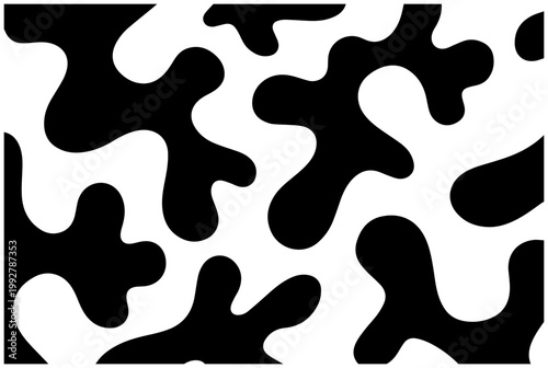 Retro 1970s style abstract wavy blob shapes in a seamless pattern featuring bold black organic forms against a clean white background evoking a vintage groovy and playful