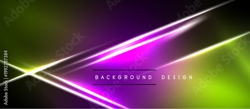 Abstract neon lines over dark gradients. Vivid purple, green hues create dynamic visual effect. Modern background design element.