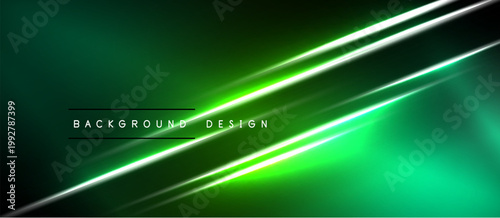 Abstract green background features bright diagonal lines. Modern design with glowing effects, dark areas create contrast. Simple, elegant presentation.